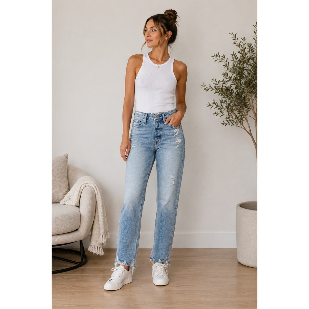 Frame‎ Le Original Jeans Womens 26 Blue Distressed High Rise Straight Leg Denim
